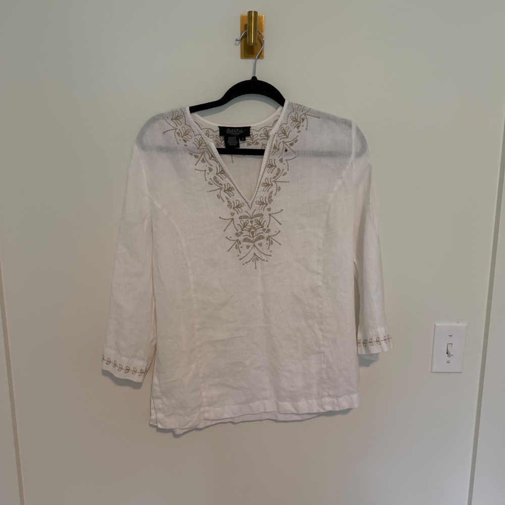 Peck & Peck White 100% Linen Embroidered V-Neck 3/4 Sleeve Blouse Top Womens 8
